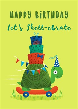 Wish friends and family the happiest of birthdays with this fun skate-boarding tortoise card. The card features a tortoise wearing a party hat, and riding a skateboard with a big stack of presents on their shell. A cheery design which will be sure to brighten their day and make sure it's something worth shell-ebrating!