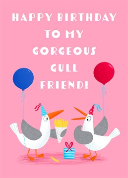Wish your 'Gull' Friend a very Happy Birthday with this cute seagull Birthday Card! This design features two seagulls sharing some chips and holding balloons.