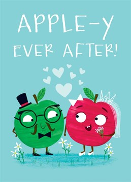 Congratulate the happy couple on their marriage with this cute apple card. This design features an apple bride and groom smiling and celebrating their wedding. Wish them an apple-y ever after with this fun design.