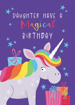 Wish your Daughter a truly magical Birthday with this cute Unicorn Card. The design features a cute unicorn with a rainbow mane against a starry purple background.
