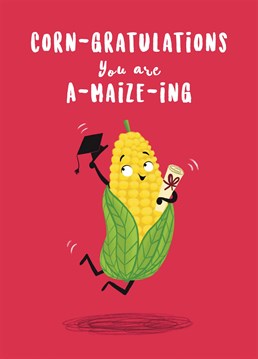 Congratulate a friends and family on their achievements and let them know they are A-maize-ing with this fun card. The design features a sweetcorn character joyfully leaping in the air. Let others know how proud you are of them with this sweet card.