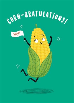 Congratulate a friends and family on their achievements with this fun card. The design features a sweetcorn character joyfully leaping in the air. Let others know how proud you are of them with this sweet card.