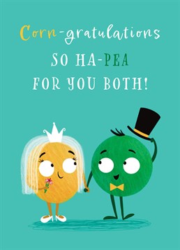 Congratulate the bride and groom on their wedding with this cute and punny Sweetcorn and Pea card. This design features a sweetcorn bride and pea groom and smiling and looking into each others eyes.