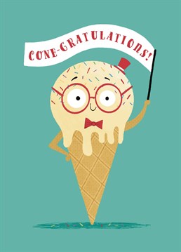 Congratulate friends and family on their achievements with this fun ice cream card! This design features an ice cream character holding a flag saying Cone-gratulations! A cool design to send your well wishes.