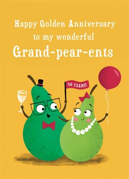 Congratulate your Grand-pear-ents on their Golden Anniversary with this funny pears card. This design features a Grandma and Grandpa pear looking into each others eyes and smiling.