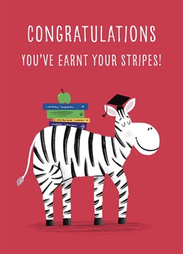 Congratulate friends and family on their achievements with this sweet zebra card. This design features a smiling zebra wearing a cap and balancing a stack of books on it's back.
