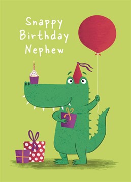 Wish your Nephew a very Snappy Birthday with this cute crocodile birthday card. It features a toothy smiling crocodile holding a present and a balloon. Wish them the snappiest of birthdays with this fun card.