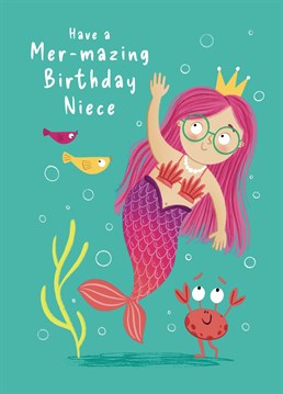 Wish your Niece a very happy birthday with this sweet mermaid birthday card. This design features a colourful waving mermaid along with her ocean friends.