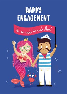 Wish a very Happy Engagement to a special couple with this sweet card. This design features a mermaid and sailor who are smiling and holding hands. Make their engagement a time to remember with this fun design.