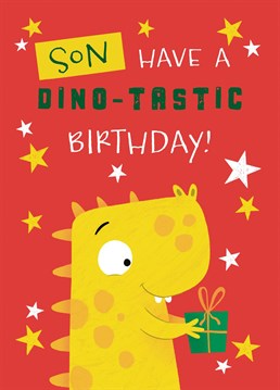 Wish your son a very Happy Birthday with this cute dinosaur card. This design features a smiling baby dinosaur holding a birthday present. Make his day special with this sweet card.