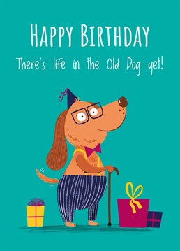 Wish friends and family a very happy birthday with this fun card. This design features a smiling dog wearing a party hat and surrounded by presents. Send this humorous design and let them know that even though they're getting older there is still lots to fun to be had!