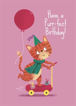 Wish friends and family a purr-fect birthday with this cute cat card. This design features a ginger cat riding a scooter with a balloon tied to their tail. Make them smile with this sweet card.