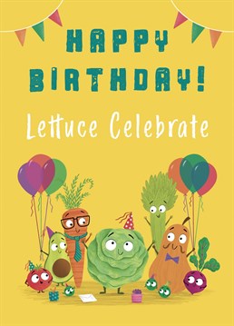 Wish friends and family a very Happy Birthday with this cute lettuce pun Birthday Card. This design features a variety of cute vegetable characters wearing party hats and holding balloons, ready to celebrate. This cheery design will be sure to brighten the recipients Birthday!