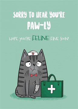 Wish friends and family a speedy recovery with this cat pun get well soon card. Tell them you're sorry to hear they're Paw-ly and that you hope they're feline fine soon! This design features a grey tabby cat with a bandaged paw sitting next to a first aid kit.