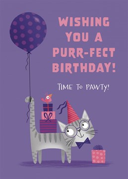 Wish a special someone a purr-fect Birthday and let them know it's time to paw-ty with this cute cat character card. It features a grey tabby cat wearing a party hat and balloon and has a stack of presents on their back. This sweet cat card is a great choice for the cat lovers in your life!