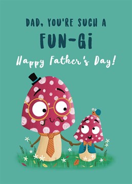 Wish your Dad a very Happy Father's Day with this sweet toadstool pun card. This design features a Daddy Toadstool holding hands with a child toadstool and the pair are stood on a patch of grass. This cute card will help you let your Dad know how much he means to you!