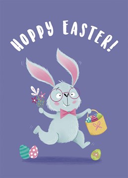 Wish friends and family a very Happy Easter with this fun Bunny Rabbit design. This card features a hopping Easter Bunny holding a bunch of spring flowers and a basket full of easter eggs. This playful design will be sure to wish the recipient a very Hoppy Easter!