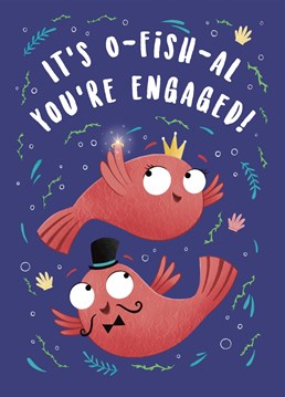 Congratulate the happy couple on their engagement with this cute fish engagement card. The design features an orange male and female fish with the female showing off her sparkly engagement ring. They are surrounded by seaweed, shells and bubbles. A fun fish card great for sending your warmest wishes!