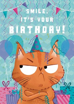 Wish friends and family a very Happy Birthday with this funny cat card. This design features a grumpy ginger cat with folded arms and a frowning, unimpressed expression. The cat is surrounded by colourful balloons and birthday presents. The purr-fect card to make someone smile on their special day!