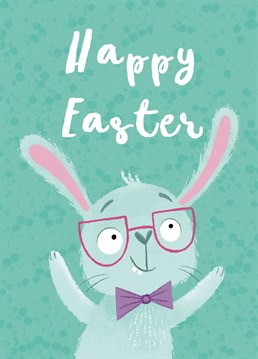 Wish friends and family a very happy Easter with this cute bunny rabbit card. The design features a sweet fluffy rabbit wearing glasses and a bow tie. This fun design will be sure to bring joy!