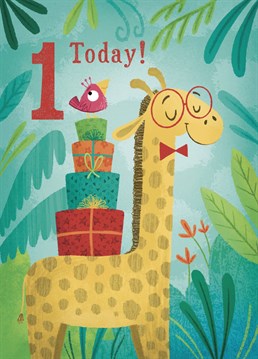 Wish a special little boy or girl a very happy first birthday with this fun giraffe design. This card features a giraffe balancing a stack of birthday presents on their back. The giraffe is surrounded by colourful plants and scenery. This cheery design will send the warmest of birthday wishes.