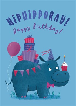 Wish friends and family a very Happy Birthday with this funny hippo design. The card features a hippopotamus with a pile of presents on his back, balancing a birthday cake on his nose and a balloon tied on his tail. This funny card will brighten every birthday!