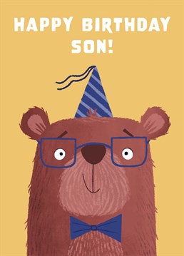 Wish your son a very Happy Birthday with this cute bear card. This design features a cute brown bear wearing a party hat, bow tie and glasses. A sweet card sure to wish your son the happiest of Birthdays!