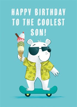Wish your son a very Happy Birthday and let him know just how cool he is with this funky Polar Bear Birthday card. The design features a polar bear sporting shades, a tropical shirt and holding a giant ice cream while riding on a skateboard. What a Cool Dude!