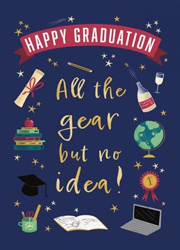 Congratulate a student on their graduation with this funny tongue in cheek card. The design features various graduation imagery such as a cap, laptop and medal. Wish make them smile with this sarcastic card!