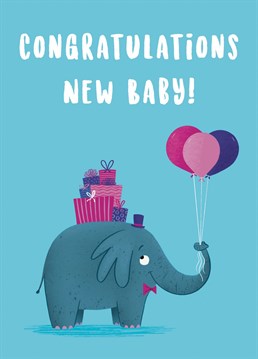 Congratulate friends and family on the birth of their new Baby with this sweet elephant card. The design features a grey elephant holding a bunch of balloons and balancing a stack of colourful presents on their back. This cute animal card will send the warmest wishes to families on the arrival of their new baby.