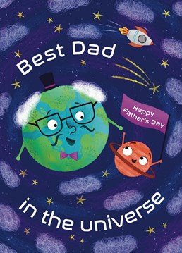 Let your Dad know he's not just the best in the world, but the best in the whole universe with this fun design. This card features an outer space theme with a Daddy planet and Child planet smiling. Make sure your Dad knows he's out of this world with this playful design.