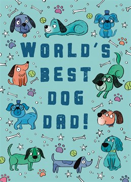Tell a special man that he's the world's best Dog Dad with this cute card. The design features a variety of fun Dog characters surrounded by paw-prints, bones and tennis balls. Be sure to make Dog lovers smile with this playful design.