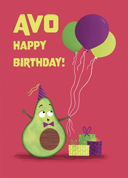 Make sure they Avo Happy Birthday with this fun avocado design. This card features a cute avocado character wearing a party hat and holding a bunch of balloons. A cute design sure to wish them the brightest of birthdays!