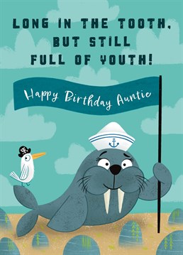 Wish your Auntie a very Happy Birthday with this funny Walrus Card. Despite being a whole year older remind your Auntie she is still full of youth with this fun design. This card features a cheeky walrus and seagull friend chilling on the beach with a flag wishing a Happy Birthday!