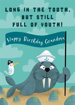 Wish your Grandma a very Happy Birthday with this funny Walrus Card. Despite being a whole year older remind your Grandma she is still full of youth with this fun design. This card features a cheeky walrus and seagull friend chilling on the beach with a flag wishing a Happy Birthday!