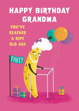 Wish your Grandma a very happy 70th Birthday with this funny Banana card. This design features an elderly banana hunched over a zimmer frame while surrounded by balloons and gifts. This humorous design will be sure to bring a smile to your Grandma's face.
