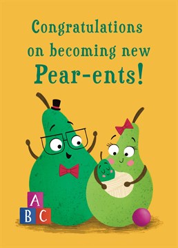 Congratulate the new pear-ents on the birth of their child with this cute pear card. The design features a Daddy Pear and a Mummy Pear character holding a newborn baby pear. This cute design will be sure to make the new parents smile!