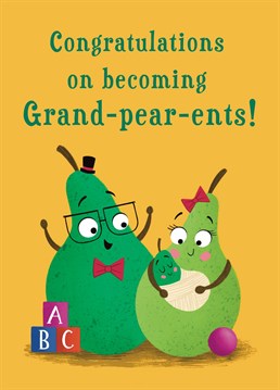 Congratulate the new Grand-pear-ents on the birth of their grandchild with this cute pear card. The design features a Grandpa Pear and a Grandma Pear character holding a newborn baby pear. This cute design will be sure to make the new Grand-pear-ents smile!