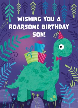 Wish your son a very happy birthday with this raw-some dinosaur card. This design features a green dinosaur wearing a party hat, with a stack of presents on his back and is surrounded by jungle plants and animals. This fun design will be sure to wish your son the happiest of birthdays.