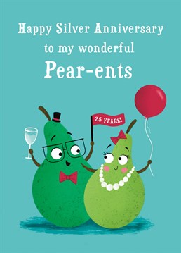 Congratulate your Pear-ents on their Silver Anniversary with this funny pears card. This design features a dad and mum pear looking into each others eyes and smiling, while holding a balloon, a flag and a drink. This cute design will help brighten your parents anniversary.