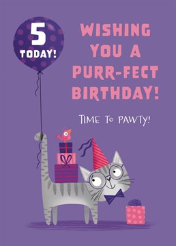 Wish a special little girl a purr-fect Birthday and let them know it's time to paw-ty with this cute cat character card. It features a grey tabby cat wearing a party hat, with a stack of presents and a balloon.