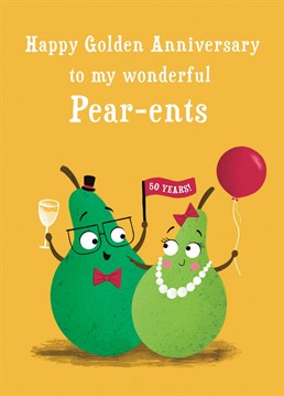 Congratulate your Pear-ents on their Golden Anniversary with this funny pears card. This design features a dad and mum pear looking into each others eyes and smiling.