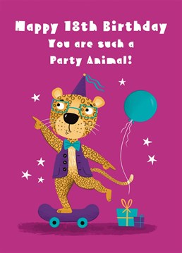 Wish friends and family a very happy 18th birthday with this groovy animal card. It features a leopard wearing a party hat and riding a skateboard. Let them know they're the life and soul of the party with this fun design.