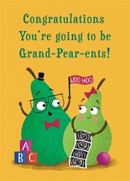Congratulate a special couple who are soon to be grand-pear-ents. The design features a soon to be Grandma and Grandpa Pear holding a baby scan of their soon to be grandchild. A fun card which is sure to wish them the very best as they prepare for the arrival of their grandchild.