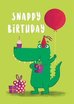 Wish friends and family a very Snappy Birthday with this cute crocodile birthday card. It features a toothy smiling crocodile holding a present and a balloon. Wish them the snappiest of birthdays with this fun card.