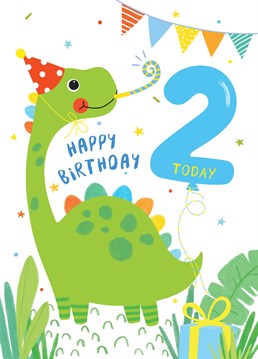 Send this friendly dinosaur birthday card to wish a little one a very happy 2nd birthday.