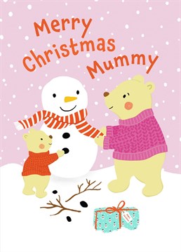 Wish you Mum warm festive wishes with this cute Mother and Child Polar Bear and Snowman Christmas card.