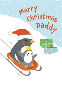 Wish your Dad a fun filled Christmas with this Penguin Father and Child sledging Christmas card.