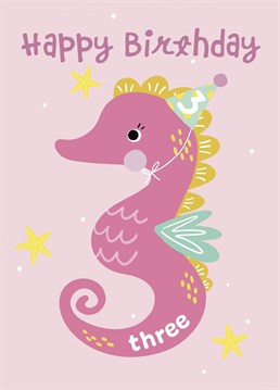 Celebrate a little ones 3rd birthday with this cute seahorse shape age 3 birthday card. .