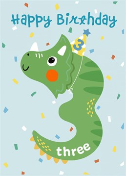 Wish a roar-some 3rd birthday to a special little one with this cute Dino age 3 birthday card. .